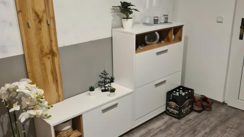 a room with white cabinets and a shelf with plants at Feriendomizil Sasse in Wusterwitz