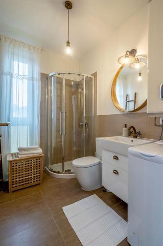 a bathroom with a shower and a toilet and a sink at Pino Home in Neringa