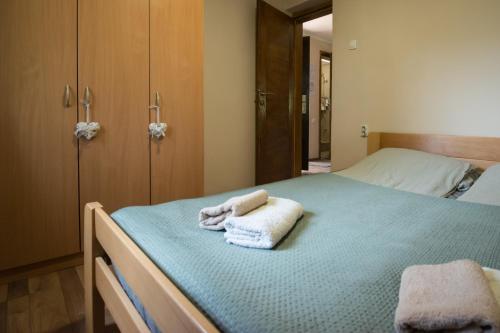 a bedroom with a bed with towels on it at Happy house in Velika Remeta