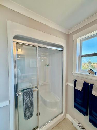 a bathroom with a shower with a glass door at Oceanfront Escape on the Cabot Trail by Cabotopia in Chéticamp