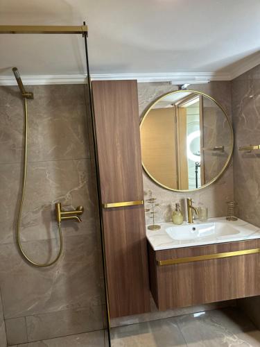 a bathroom with a shower and a sink and a mirror at Olivia -Ελιά in Paleo Tsifliki