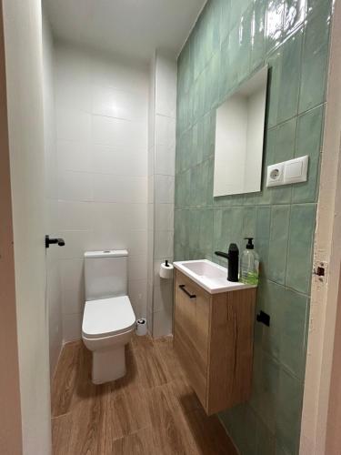 a bathroom with a toilet and a sink and a mirror at Casa rural en La Adrada con jardín in La Adrada