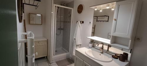 a white bathroom with a sink and a shower at Verrecheznous-lepuy in Le Puy-Notre-Dame