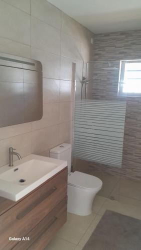 ein Badezimmer mit weißer Toilette und Waschbecken in der Unterkunft Rosa Brisa Apartment in Willemstad