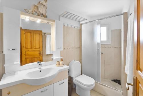 a bathroom with a sink and a toilet and a mirror at Antigone's Blue Vista in Kampos Paros