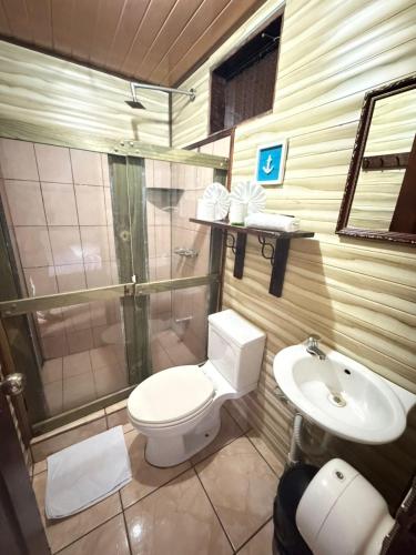 a bathroom with a toilet and a sink at Hotel Don Roberto in San Isidro de El General
