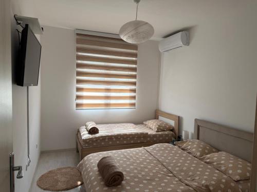 a bedroom with two beds and a tv and a window at Apartman VIA in Žabljak