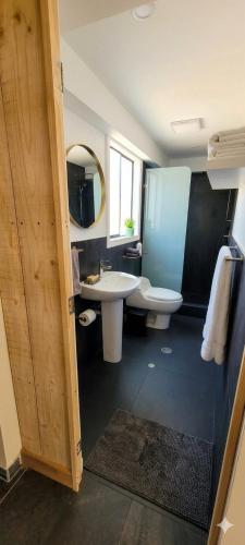 a bathroom with a sink and a toilet and a mirror at Mirador el Prado in Cheqquerec