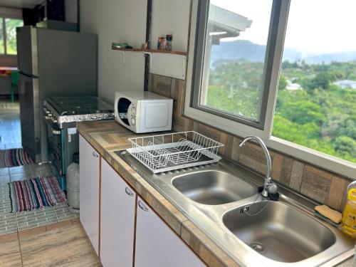 a kitchen with a sink and a microwave at KOKI Horizon in Atuona