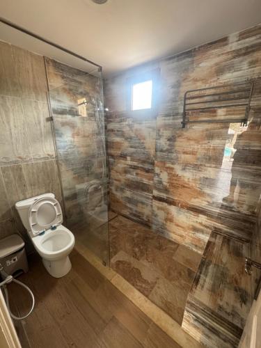 a bathroom with a toilet and a glass shower at Villa touareg in Tozeur