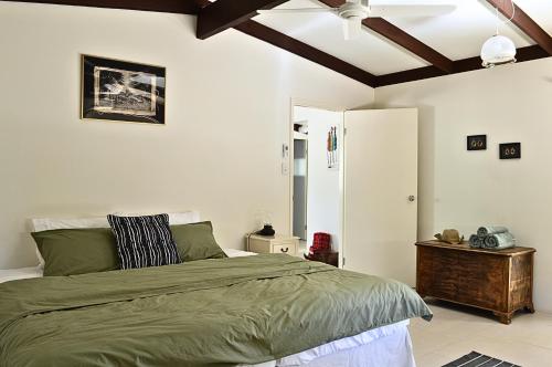 a bedroom with a green bed and a ceiling at UzuriBarossa in Altona