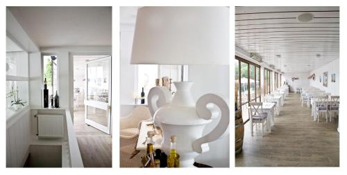 two images of a restaurant with white tables and chairs at Strandhaus Edersee Nr 12 - Kaminzimmer, Seeblick, Badestrand, Seeterrasse in Waldeck