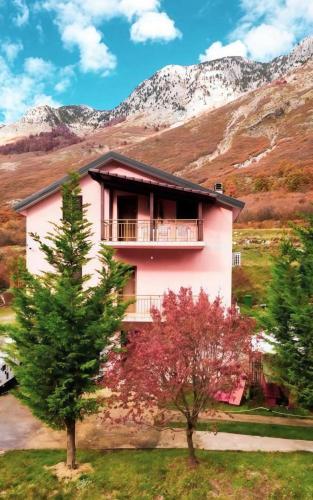 a pink house in front of a mountain at Arditi's Villa in Shkodër