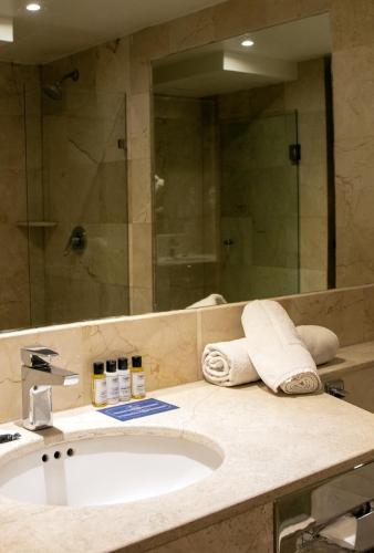 a bathroom with a sink and a large mirror at Hotel Stella Maris in Mexico City