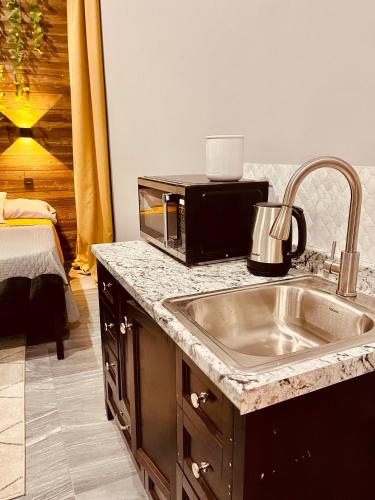a kitchen with a sink and a microwave at Casa Luque in Culiacán