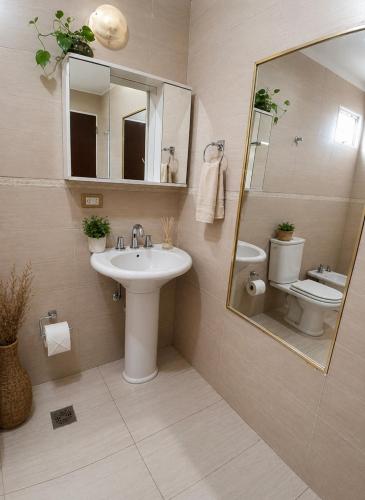 a bathroom with a sink and a mirror and a toilet at El Pedregullo in Neuquén