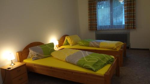 two twin beds in a room with two lamps at Ferienhaus Willi in Sankt Gallenkirch