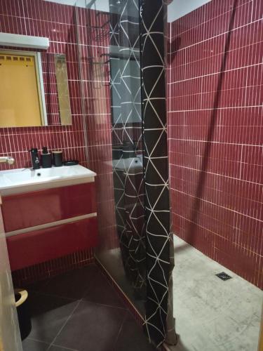 a bathroom with a shower with a sink and a mirror at Oya - Destination Guyane in Macouria