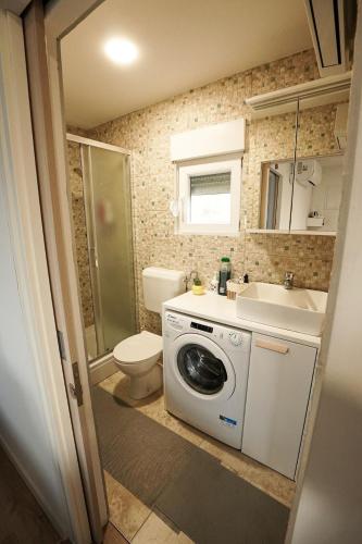 a bathroom with a toilet a sink and a washing machine at Hill House Vrcelinija in Vuglovec