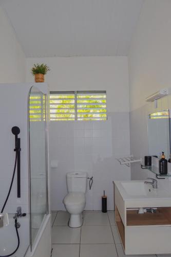 a white bathroom with a toilet and a sink at Villa Sunrise in Deshaies