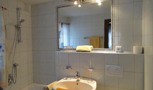 a bathroom with a sink and a mirror and a shower at Pension Elisabeth in Vent