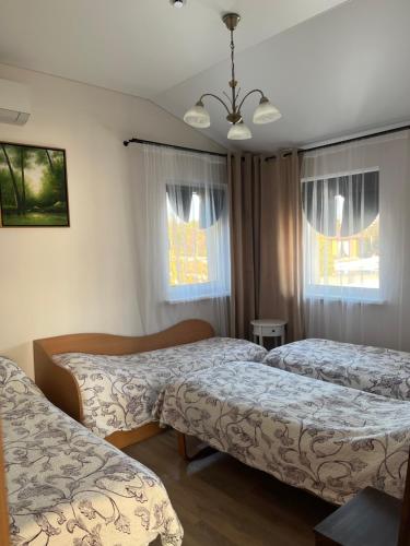ein Schlafzimmer mit zwei Betten und zwei Fenstern in der Unterkunft Vila Trakai in Trakai