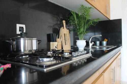 a kitchen stove with pots and pans on it at Appartement Mogador in Casablanca