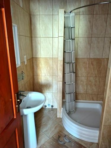 a bathroom with a shower and a tub and a sink at Akácpatak Vendégház in Lupeni