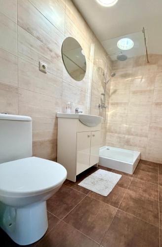 a bathroom with a toilet and a sink and a mirror at Penzión u Coľa in Prievidza