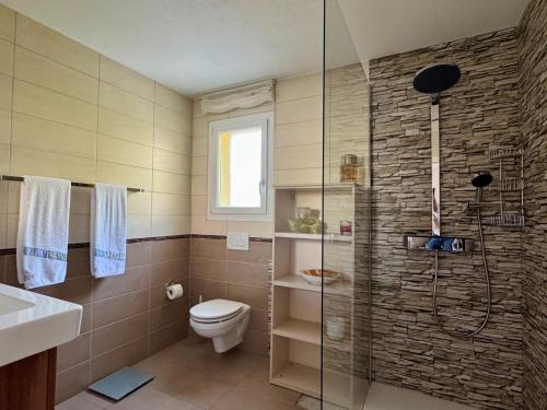 a bathroom with a shower and a toilet at Casa Sole in Gambarogno