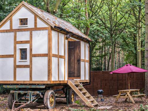 a tiny house on a trailer with an umbrella at Jacobs Folly-Qu7115 in Melton Constable