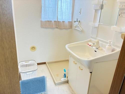 a bathroom with a sink and a mirror at メゾンドyy寺田 アパート1室貸切 素泊まり最大6人宿泊可能 4名様まで同一料金 in Yamaguchi