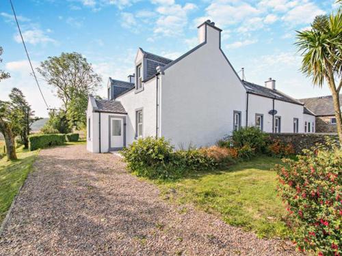 a white house with a palm tree in front of it at West Skeroblin in Campbeltown