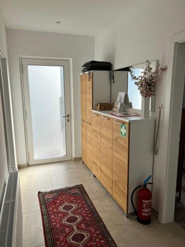 a room with a kitchen with a door and a rug at Modernes 3-Zimmer Appartement in Wels