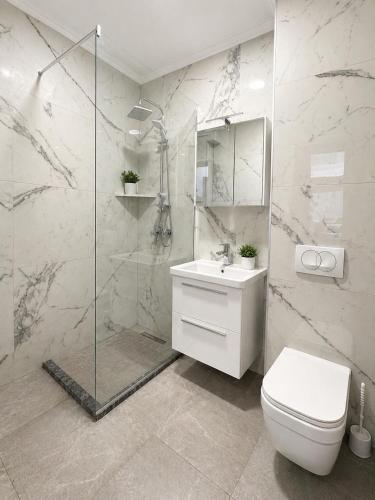 a bathroom with a shower and a toilet and a sink at Horizont Dobre Vode in Dobra Voda