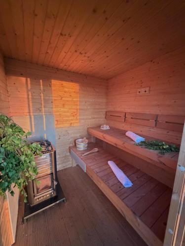 a sauna with a stove and a wooden floor at Ostrov klidu - posed - sauna in Hradešín