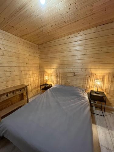 a bedroom with a bed in a wooden room at Chalet Des Aigrettes- Jacuzzi privatif in Chassey-lès-Montbozon