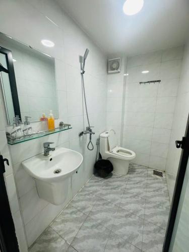 a white bathroom with a sink and a toilet at Harmony Apartment in Hanoi