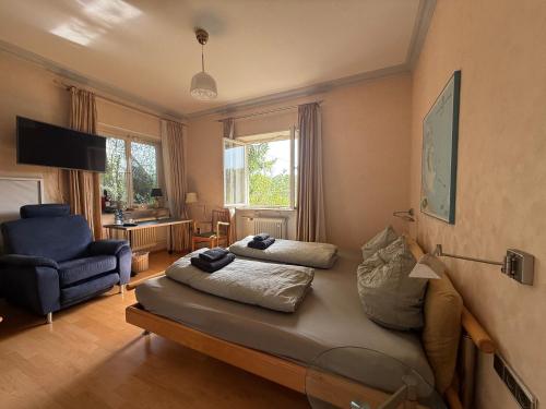 a living room with a bed and a chair at Lautertal Panorama-Suite - Kingsize-Bett & Badewanne & Dusche - Raucherbereich vor überdachten Terrasse - Rosengarten - Parkplätze 15m entfernt- Naturschutzgebiet vor Haustüre - sehr ruhige Gegend - Self-Checkin - 45qm2 in Blaustein