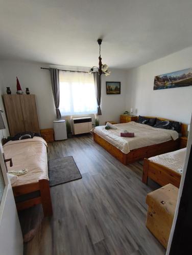 a large room with two beds and a window at Furó Vendégház in Fülöp