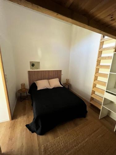 a bedroom with a bed and a book shelf at Gîte du Banissou Chez Papy in Rosis