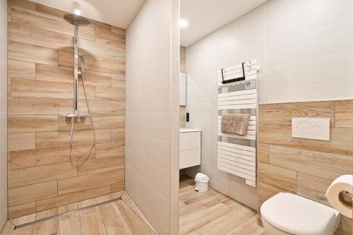 a bathroom with a shower and a toilet at Appartement Alice - Dans chalet in Les Villards-sur-Thônes