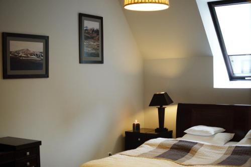 een slaapkamer met een bed, een lamp en een raam bij Zakopane - Apartament z widokiem in Zakopane