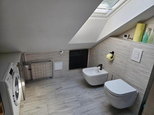 a bathroom with a white toilet and a sink at Apartment Ledince in Most na Soči