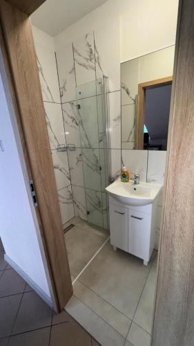 a bathroom with a sink and a shower at Apartament 1 Słoneczna in Ełk