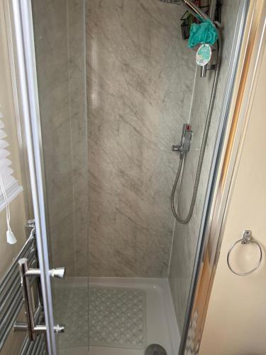 a shower stall with a glass door with a shower at my happy place caravan in Trusthorpe