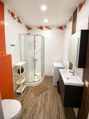 a bathroom with a shower and a sink at Klaipeda Seaside Apartments with self check-in in Klaipėda