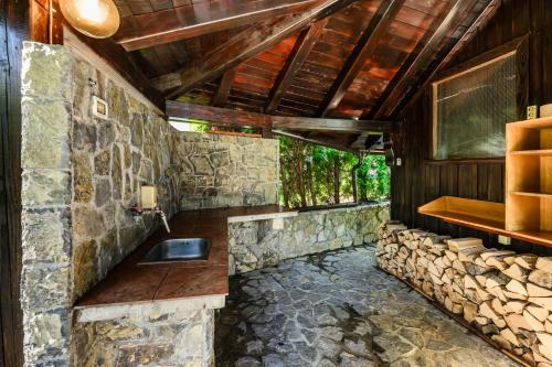 a stone bathroom with a sink and a pile of logs at Albatros in Bovec