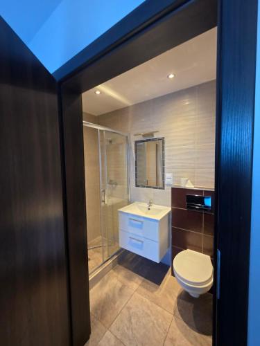 a bathroom with a toilet and a sink and a shower at U Piotra in Sarbinowo