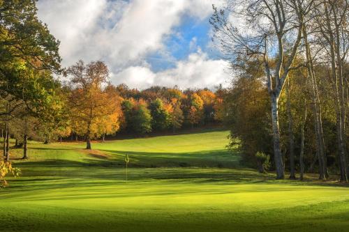 a golf course with a green field and trees at Sandford Springs Hotel and Golf Club in Kingsclere